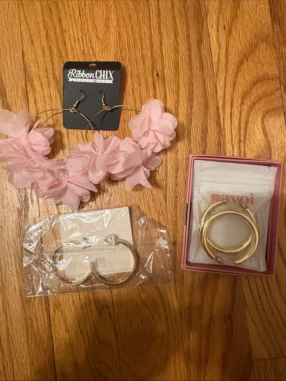 Pink Floral Hoop Earrings + Gold Hoops Set
